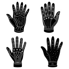 Poster - Illustration of four stylized hands with unique decorative patterns in black and white color scheme