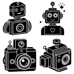 Poster - Illustration of two robots with heart details and two vintage cameras in black and white style drawing