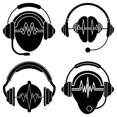 Poster - Four black and white icons featuring headsets with microphones and sound waves in a vector design