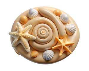 Poster - Stylized 3d rendering of seashell with starfish,seashells,and pebbles on creamy beige swirl isolated on