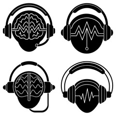 Poster - Four black and white icons depicting brains and sound waves wearing headphones in a square layout