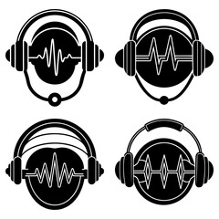 Poster - Four black and white headphone icons displaying different sound wave patterns in a square arrangement