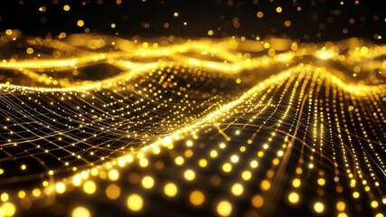 Poster - Golden Waves of Light with Sparkling Effects on a Dark Background for Abstract Art and Technology Concepts