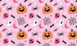 © Natalya - happy halloween seamless  pattern with pink isolated background , spider , pumpkin, skull, ghost, autumn, decoration , textile, fabric, cover, wallpaper, clothing, wrapping paper, creative, vector