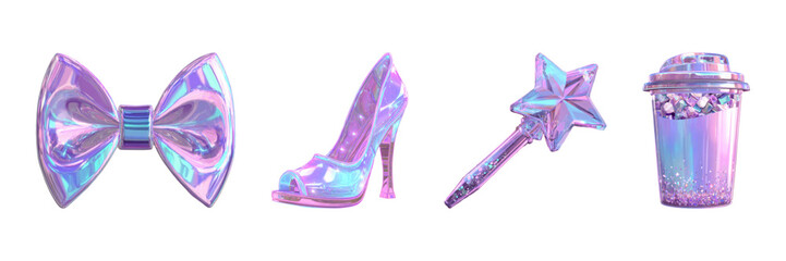 Poster - Holographic Fashion Accessories Set. Iridescent Style And Glamour Collection Isolated On Transparent Background