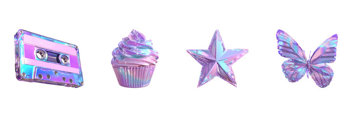 Poster - Holographic Objects Set. Retro Aesthetic And Fantasy Elements Collection Isolated On Transparent Background