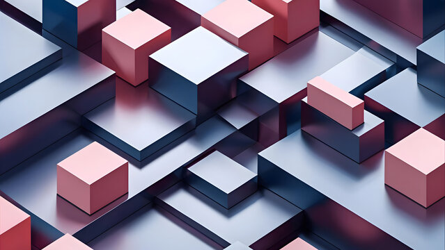 Abstract geometric composition featuring metallic cubes and blocks arranged in a complex pattern.