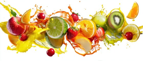 Wall Mural - The Vibrant Explosion of Fresh Fruits and Juices with Colorful Splashes
