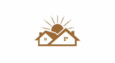 Poster - Illustration of two houses with windows and roofs under a shining sun in a simple brown design