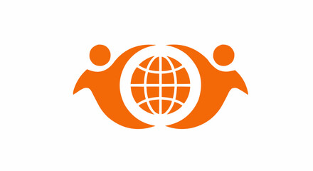 Poster - Orange graphic featuring two abstract figures holding a globe in the center on a white background