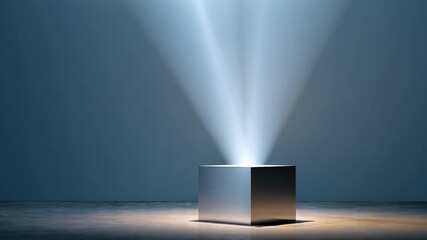 Poster - Dramatic Metallic Cube Emits Light Beams in Dimly Lit Space, Creating Captivating Atmosphere with Intriguing Interplay of Light and Shadow for Visual Impact