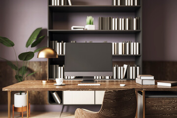 Poster - Modern workspace with desktop computer mockup on wooden desk in stylish home office with bookshelves, lamp, and decorative elements in background. 3D Rendering