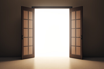 Fototapete - Open double doors revealing bright white light in dark room interior, symbolizing opportunity, hope, or transition concept background. 3D Rendering