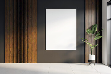 Poster - Vertical blank poster mockup on dark modern hallway wall with wooden panel decor and indoor plant beside, ideal for design presentation display. 3D Rendering