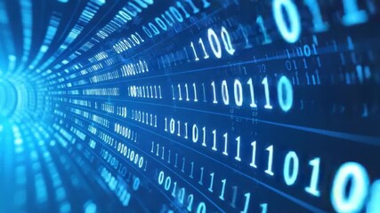 Poster - Futuristic Digital Tunnel with Binary Code Flowing in a Blue Neon Light Effect