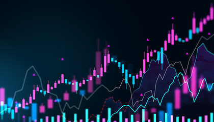 Fototapete - Digital financial market chart with glowing forex candlesticks and index analysis on dark background. Modern investment data interface design. 3D Rendering
