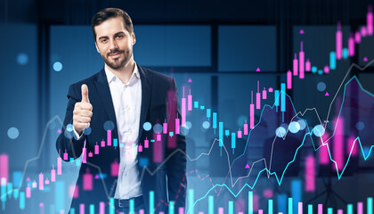 Poster - Businessman showing thumbs up with financial stock market charts and graphs overlay in modern office at night representing success and investment growth.