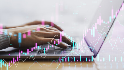 Poster - Hands typing on laptop keyboard with holographic financial market data, charts, and graphs overlayed, symbolizing digital trading and analysis.