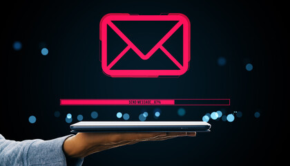 Poster - Neon email icon above tablet with progress bar showing message sending in digital communication concept on dark background.