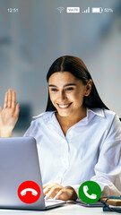 Poster - Businesswoman on a video call using laptop, simulating smartphone screen interface with call icons and status bar on abstract background.