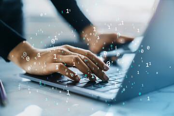 Poster - Hands typing on laptop keyboard with digital binary code overlay representing data, internet, and technology in modern virtual workspace concept.