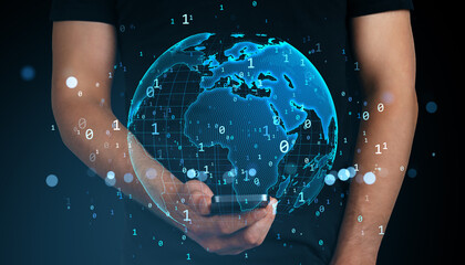 Poster - Digital holographic globe hovering above smartphone screen with binary code and global map concept on dark background representing worldwide data connectivity.