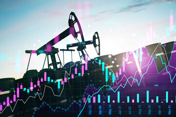 Poster - Oil pumpjacks and barrels with financial stock market charts overlaid, symbolizing crude oil industry investment and global energy trade trends.