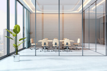 Poster - Modern spacious conference room with glass walls, beige chairs, large table, city view, and potted plant in bright office interior. 3D Rendering