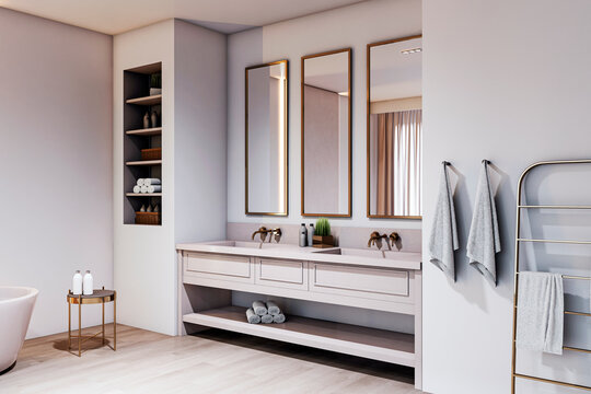 Modern luxury bathroom with double sink vanity, wooden floor, and elegant mirrors in cozy indoor home interior design setting. 3D Rendering