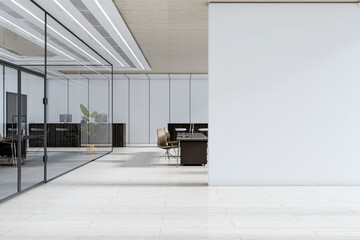 Fototapete - Modern corporate office hallway with glass partition and blank wall for signage or branding mockup in clean contemporary interior design. 3D Rendering