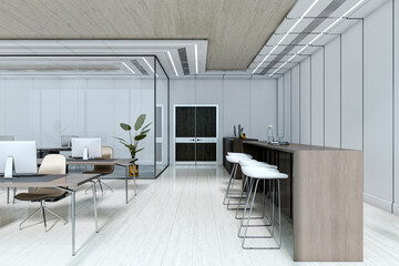 Fototapete - Modern empty office interior with wooden bar counter, computer desks, and sleek furnishings in a contemporary corporate workspace setting. 3D Rendering