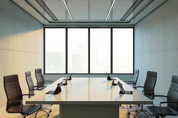 Poster - Modern boardroom interior with large windows, sleek office chairs, and digital tablets on table in bright corporate workspace setting. 3D Rendering