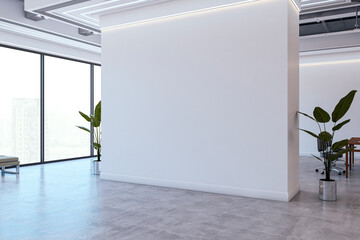 Poster - Modern empty office interior with large blank wall and city view through tall windows, ideal for mockup design or corporate branding display. 3D Rendering