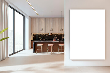 Poster - Modern kitchen interior with stylish wooden cabinets, island seating, large window city view, and vertical white canvas mockup on wall. 3D Rendering