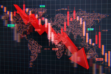 Fototapete - Global financial market crash concept with red downward arrow and falling stock chart on digital world map background in dramatic decline scene. 3D Rendering