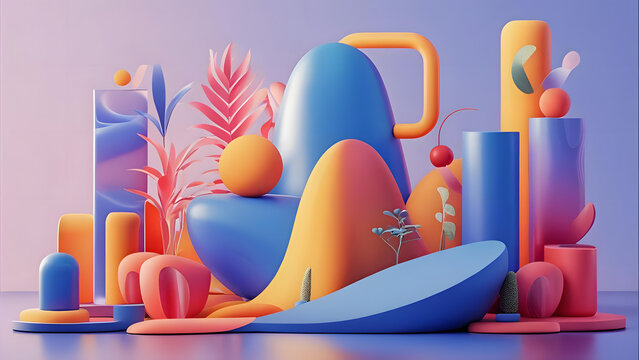 Colorful abstract 3D rendering featuring various geometric shapes and forms, a vibrant composition.