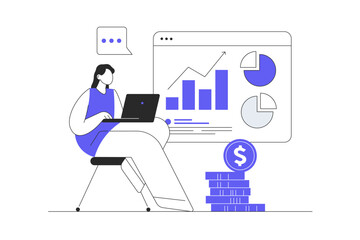 Poster - Sales performance. Women making financial graph analysis, work with business statistics presentation. Flat Cartoon Vector Illustration, icon. Stylish abstract design landing page