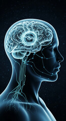 Poster - Side profile of human head, showcasing brain structure with neural network visualization, symbolizing intelligence, connection, and technology
