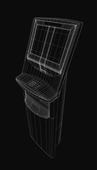 Poster - A black and white wireframe 3D model of an ATM machine highlights the keypad, screen, and card slot with clean minimalist line art against a dark background.