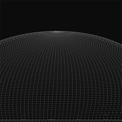 Fototapete - A black and white grid features a central sphere composed of interconnected wireframe lines, creating a geometric pattern. The dark background emphasizes the intricate acoustics-inspired design.