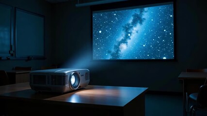 Wall Mural - Stunning projector display reveals a captivating star map in a dark classroom setting, perfect for education and astronomical presentations.