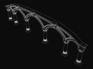 Poster - A black and white 3D model drawing of a bridge with detailed pillars and clean contour lines. The architectural design features strong columns and precise structural elements.