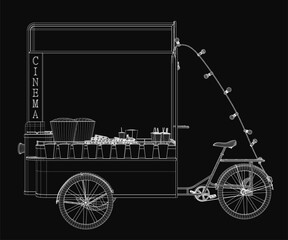 Poster - A black and white wireframe drawing of a bicycle food cart filled with glasses and objects, set against a dark background. The detailed cinema-style illustration features clean lines and a minimalist.