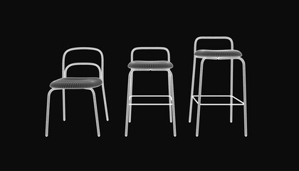 Aufkleber - Three white bar stools with sleek modern design stand against a black background. The stools feature curved backrests, armrests, and four legs. The high contrast highlights their clean wireframe.