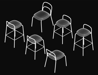 Fototapete - Six white metal chairs with sleek modern design stand out against a black background. The curved backrest and armrests add elegance, while the wireframe structure enhances their contemporary appeal.