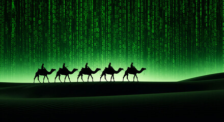 Poster - Silhouette of people riding camels across a desert, backdrop of green digital rain of binary code, symbolizing technological advancement in traditional cultures