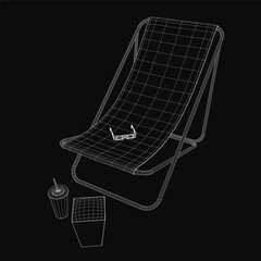 Poster - A 3D wireframe model of a folding beach chair with curved backrest and armrests, accompanied by a cup of coffee featuring a straw. The dark background creates a mysterious atmosphere.