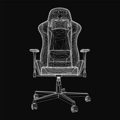 Poster - A sleek black and white wireframe drawing of a modern gaming chair with a high backrest, armrests, and plush cushion. The design emphasizes ergonomic support for long gaming sessions.