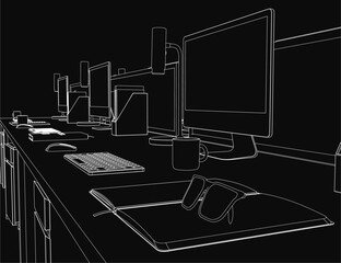 Poster - A black and white contour illustration of an organized office desk setup with multiple monitors, keyboards, and mice. Neatly arranged books, mugs, and stationery complete the workspace.