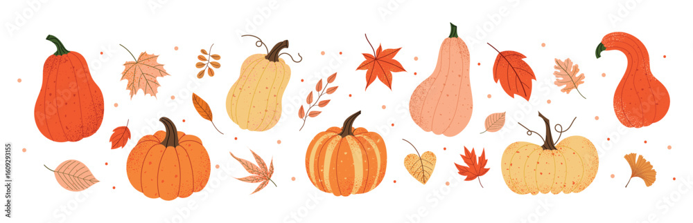 Fall pumpkin and autumn leaves banner. Collection of seasonal ...